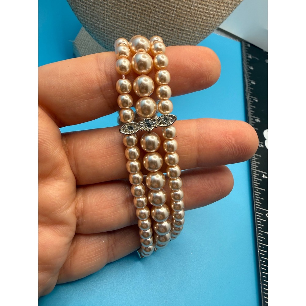 Vintage 3 Strand Peach Faux Pearl Bracelet Rhinestone Spacers Bridal Wedding 7in